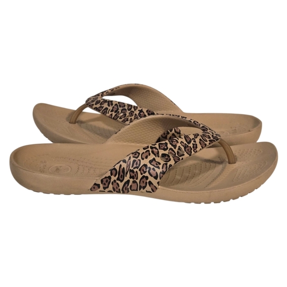 CROCS Kadee II Leopard Print Tan Flip Flop Thong Sandals Size 8 - Picture 1 of 9